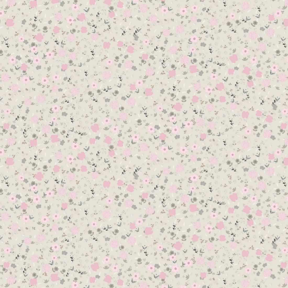 A ditsy floral repeat of small pink flowers and leaves on a cream ground, drawn by the Floral engine