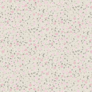 A ditsy floral of small pink flowers and leaves on a cream ground, drawn by the Floral engine