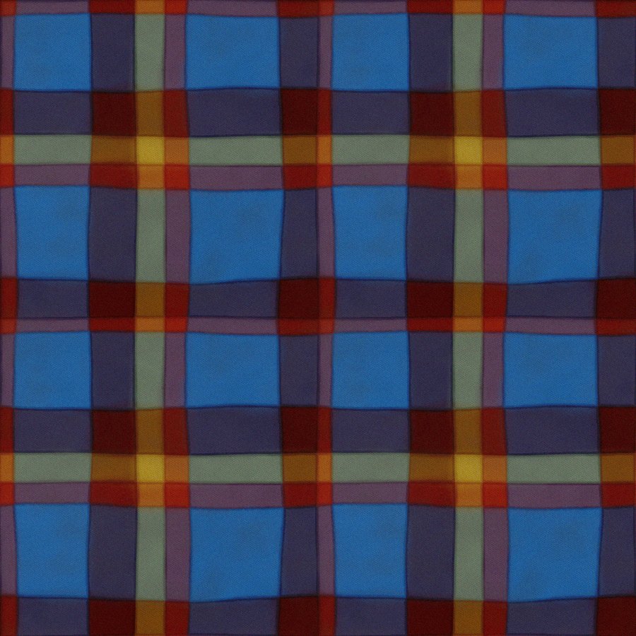 A bold watercolour plaid of cobalt blocks crossed with red and gold