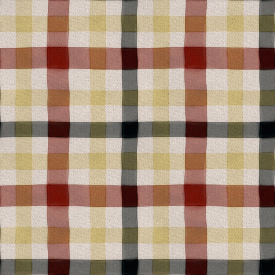 A soft watercolour check in ochre and brick red on a cream ground