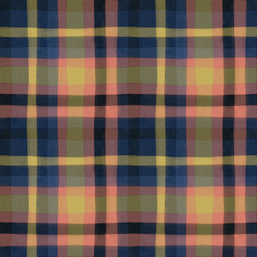 A watercolour plaid in coral, gold and navy, the washes darkening where they cross