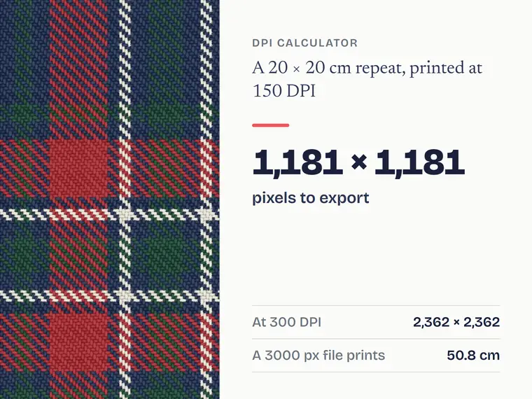 The DPI calculator: a 20 cm repeat at 150 DPI needs 1,181 by 1,181 pixels
