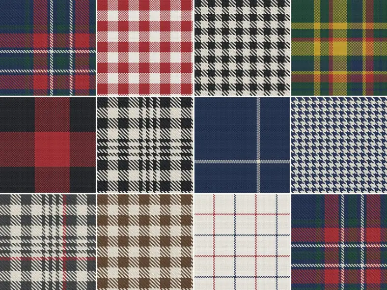 Twelve checks woven in The Plaid Studio: tartan, gingham, houndstooth, madras, buffalo, glen and more