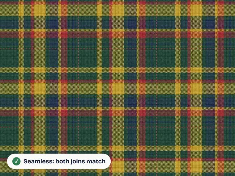 A madras tile repeated by the seamless pattern checker, with both joins measured as matching