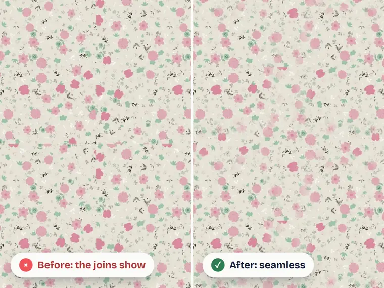 A floral tile before and after the seamless pattern maker: the join shows, then it is gone