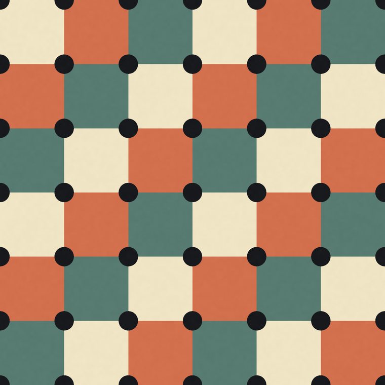 A quatrefoil pattern in cream, green and rust in a straight repeat: every tile square under the last, so the grid reads as columns and rows at once